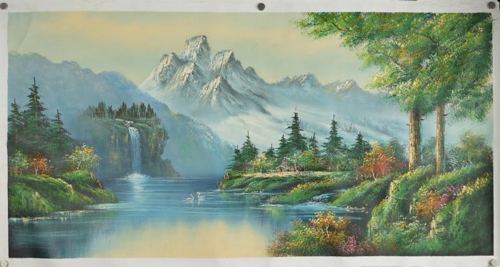 玖隆蕭松和挖寶網L》瀑布流水雪山天鵝風景山景油畫(07136) | Yahoo拍賣