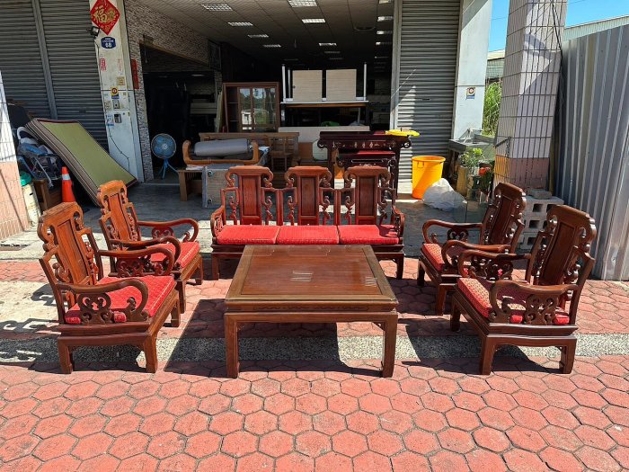 香榭二手家具*紫檀木全實木 六件沙發椅組(含大茶几)-客廳沙發-原木沙發-紅木椅-仿古傢俱-實木沙發-木製沙發-戰國六件