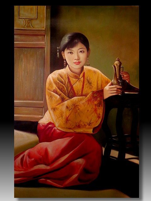 手描き 水彩油画 人物画 陳逸飛 作品図 中国絵画 約70×100cm 未表装 -