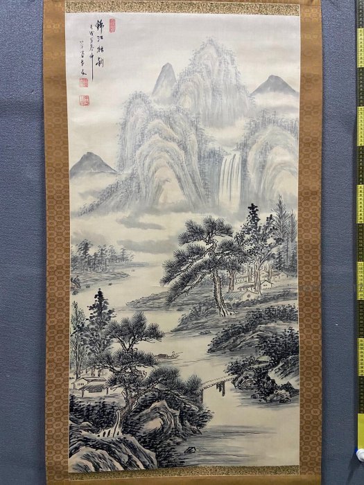 東方白（翠谷老人）中國臺灣畫家大幅山水中堂《錦江獨釣圖》國畫書法古