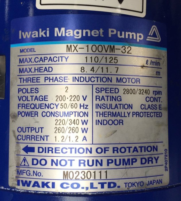 日本IWAKI PUMP MX-100VM-32(220V)無軸封耐酸鹼幫浦---輸送海水/酸鹼液
