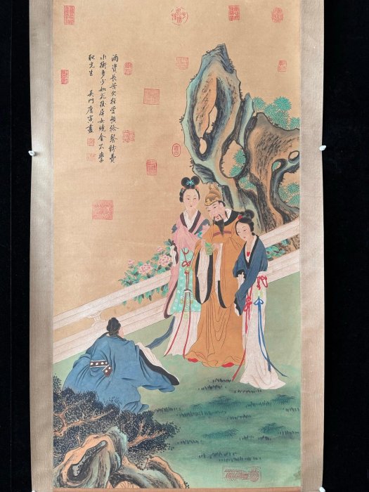 文物125【唐寅】人物，四尺純手繪文物商中堂畫，裝裱尺寸：215*87cm