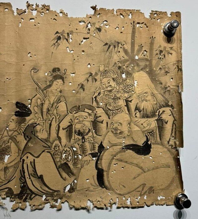 嚴選日本明治大正時期紙本水墨七福神圖53×36cm 招財納福吉祥畫作萬字咒