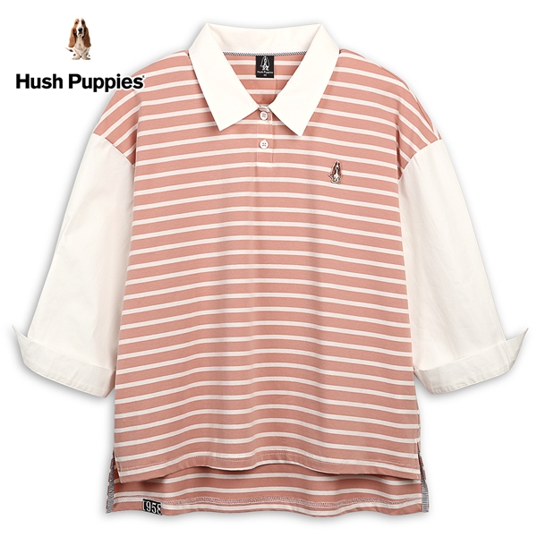 Hush Puppies 上衣 女裝簡約條紋異材質拼接假兩件襯衫領上衣