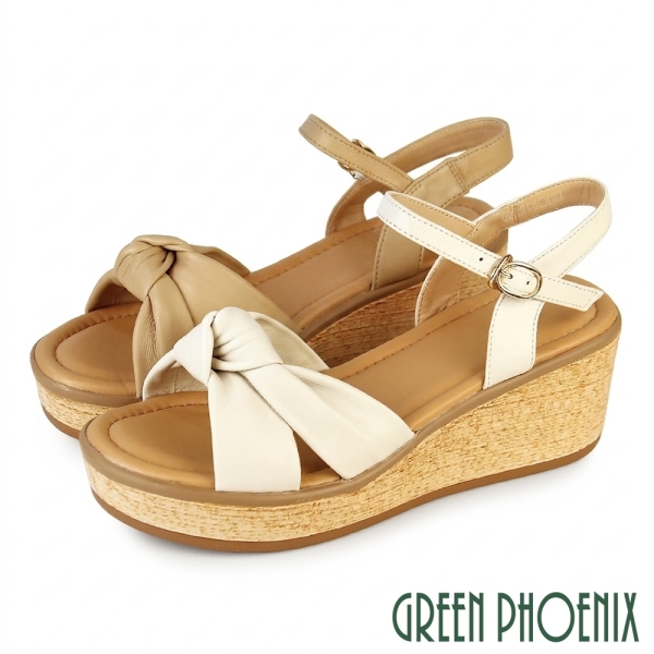 女 楔型涼鞋 厚底涼鞋 真皮 透氣 輕量 扭結 木紋【GREEN PHOENIX 波兒德】U11-20548