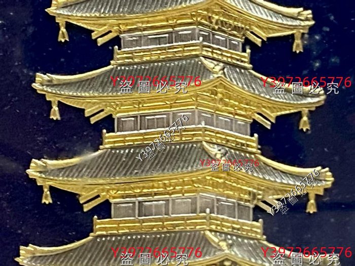 日本著名金匠武比古作純銀浮雕【鎏金歲月】五重塔鏡框整體尺寸32*26cm