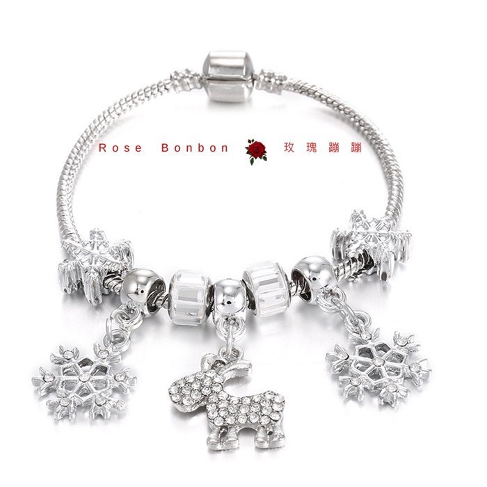 聖誕節手環手鍊 潘朵拉風格款 麋鹿雪花亮鑽吊墜串珠飾品Rose Bonbon W2H02