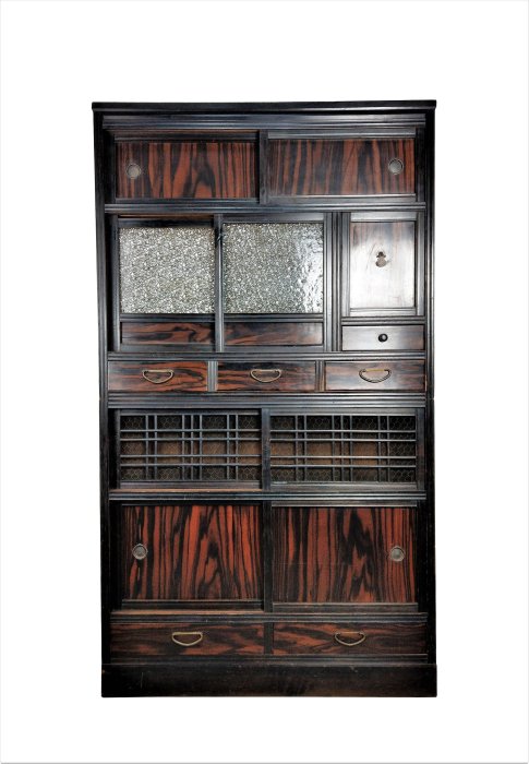 日本老家具/古董家具/面黑檀，上下式玻璃茶櫃/茶道櫃/上下式老菜櫥