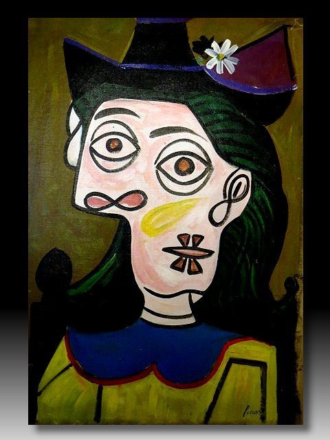 金王記拍寶網】U1448 抽象大師畢卡索手繪油畫一張抽象人物圖~ 罕見系列