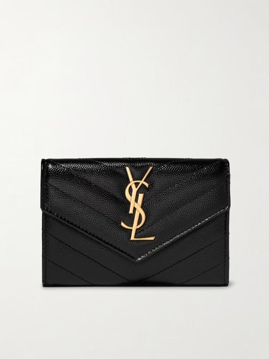 【YSL】專櫃經典款MONOGRAM系列V字縫線魚子醬牛皮金屬LOGO暗釦零錢包/手拿包(金色金屬)