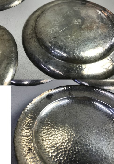 藏舊尋寶屋已售出】古日本名工匠藏六居造純銀打離槌目菓子盆/盤十客附