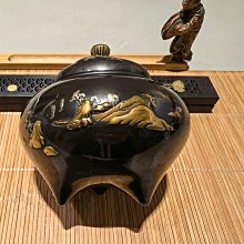 昭和金工名家村田宏作蠟型銅鑄描金銀富士山遠景花鳥圖三足香爐日本高岡