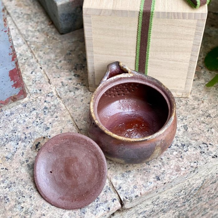 日本回流備前燒奥本健一葫芦宝瓶茶壶，柴烧工艺窑变釉色，容量约200cc