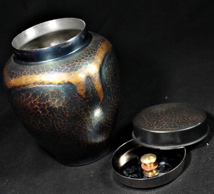 桑園の】日本高級茶道富貴堂13cm 手工捶打紫金銅流金大茶罐茶倉茶入