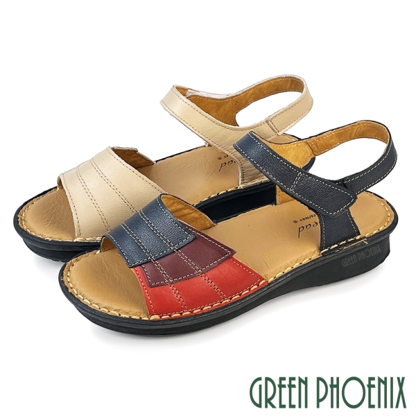 女 厚底涼鞋 小坡跟 吸震減壓 全真皮 牛皮 台灣製【GREEN PHOENIX 波兒德】U60-22559
