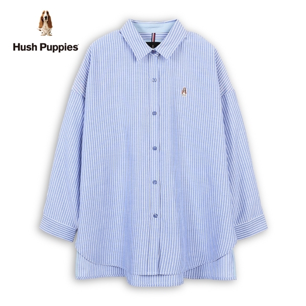 Hush Puppies 襯衫 女裝直條紋刺繡小狗寬版長袖襯衫