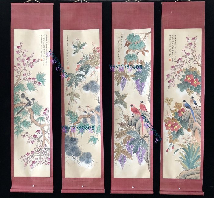 編號135【陸小曼】花鳥，純手繪四條屏，260一套裱好尺寸高x寬180*50cm