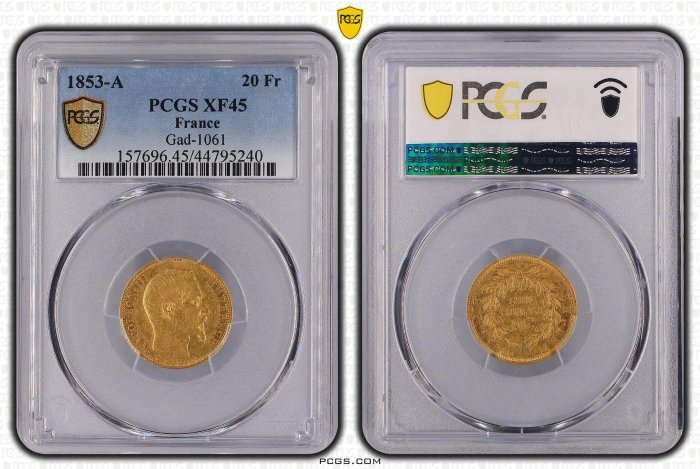 保真】 PCGS鑑定金幣1853年A記法國拿破崙三世20法郎金幣6.43克900金