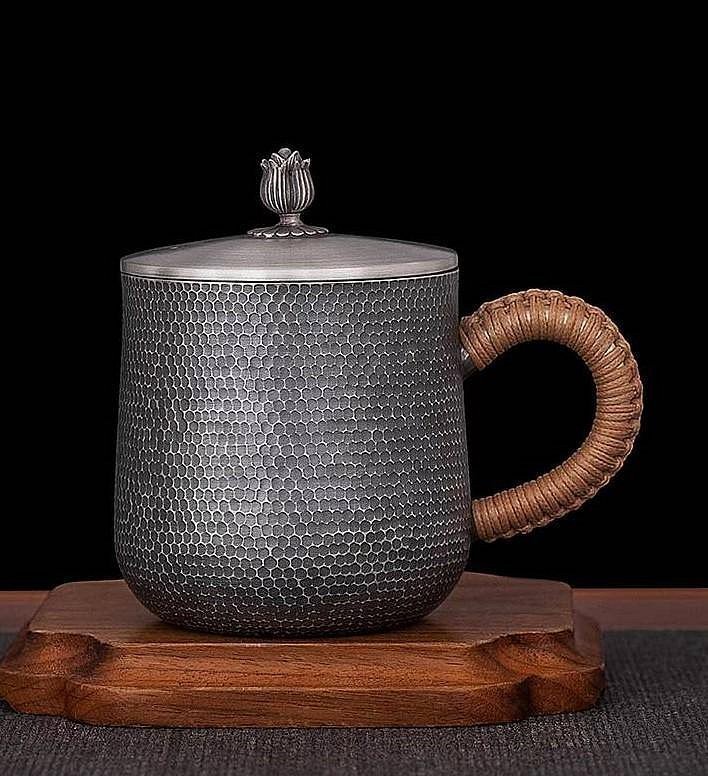 純銀杯　24KGP杯 多款手工錘紋蓮花摘馬克杯茶杯水杯No.51】純銀足銀999 荒地紋