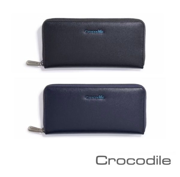 【寧寧小舖】台中35年老店 Crocodile 鱷魚 黑藍色真皮拉鍊長夾 0103-11107