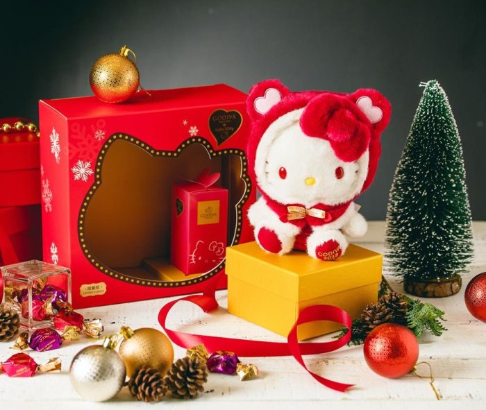 GODIVA Hello Kitty 限量版 (可脫帽愛心聖誕裝絨毛玩偶+G Cube松露巧克力，巧克力已過期)禮盒 情人節耶誕節