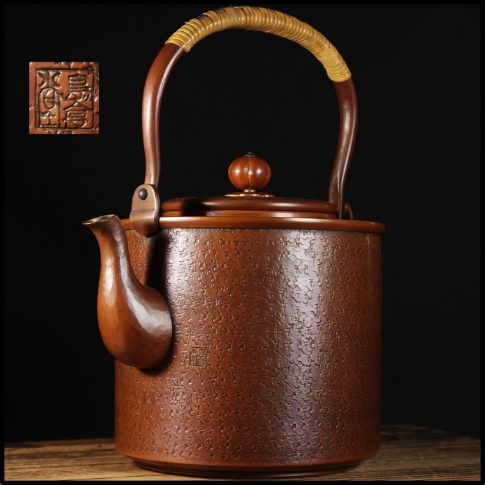 桑園の】日本高級金工島倉堂銅壺542g 鎚起銅器鎚目筒形提樑壺水柱湯沸T