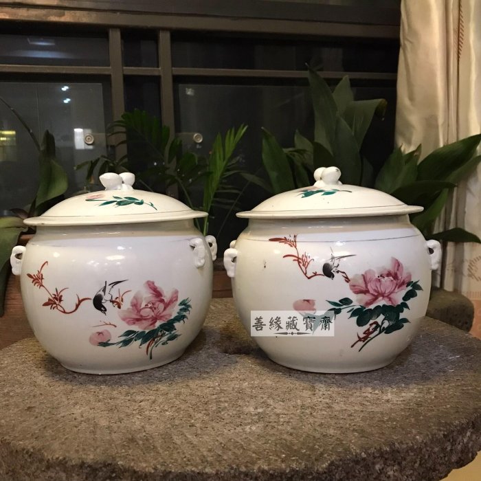 花鳥粥罐 復古手繪花鳥粥罐一對七〇年代懷舊擺件家居裝飾收藏品18cm典雅陶瓷罐