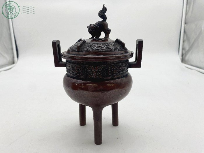 精緻銅器】日本知名工藝 早期唐銅香爐 幸雲作祥壽鈕頭三足香爐造型優美