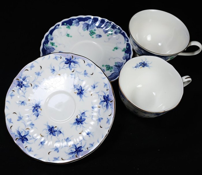 桑園の】日本骨瓷Narumi 鳴海/KEITO 燙金藍花/葡萄莊園下午茶杯盤組兩