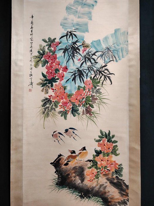 編號C3959 純手繪四尺中堂王雪濤花鳥一物一圖，實物攝材質:1600A360