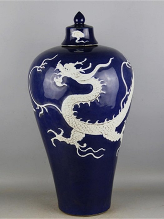 KL2913:9 人間国宝 中国骨董 磁器【元代の霽藍釉留白龍