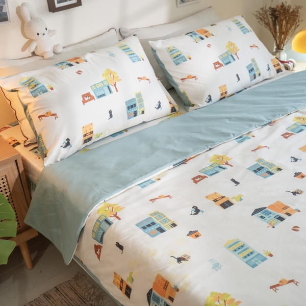 老屋風景 D3雙人床包＋雙人鋪棉兩用被四件組 100%精梳棉(60支) 台灣製 棉床本舖