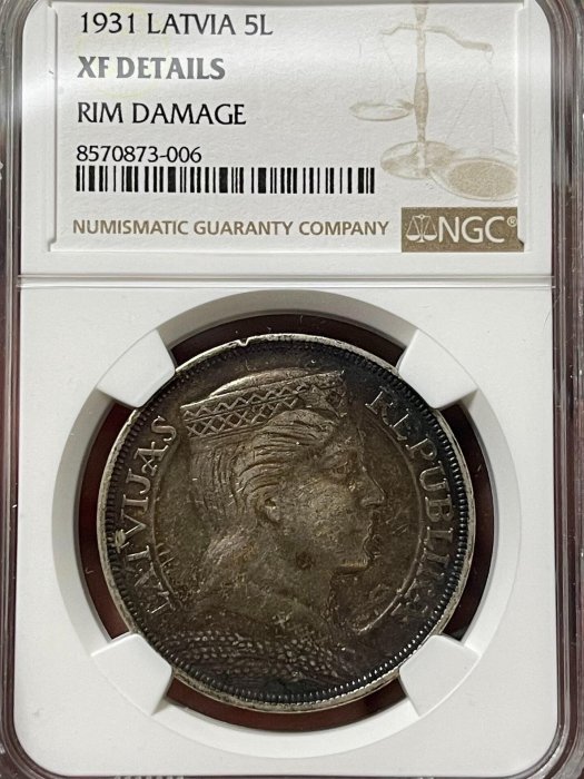1931年拉脫維亞5拉特銀幣NGC XF細節分含銀83.5% 克重25g 錢幣收藏老包