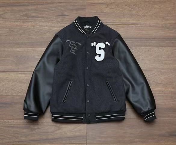 美國制造stussy新款21AW潮牌burly gone varsity黑色大S字立領皮袖棒球