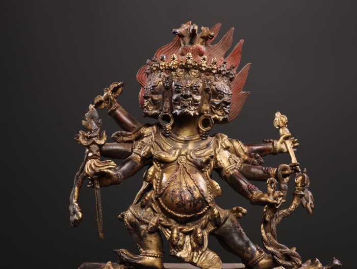 真言密教　不動明王像　 葉氏彫刻金泥使用 珍藏純銅泥金朱砂佛像馬頭明王形制規整藏傳佛教供奉財神佛像泥金斑駁