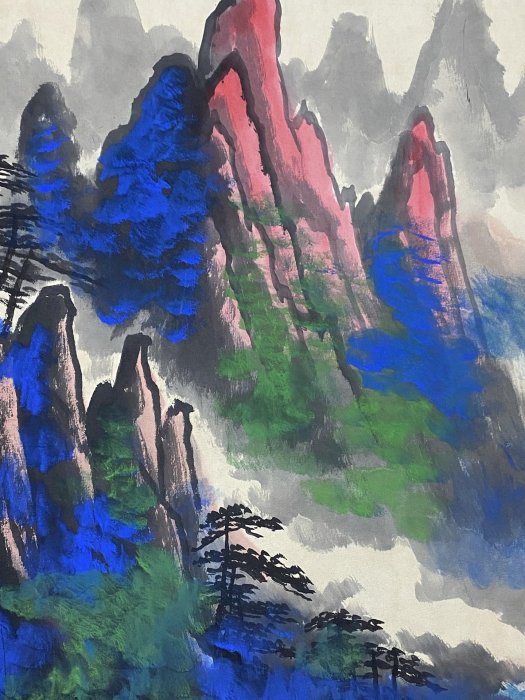 純手描き 水彩油画 山水画 刘海粟 作品図 中国絵画 約70×100cm 未表装 op-27 畫家：劉海粟四尺中堂畫山水畫手繪畫畫工精細。材質：宣紙2 加