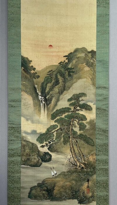 名家清晚民初手繪肉筆礦彩蓮花仙境青綠山水LA156005絹本裝裱畫，真跡嚴