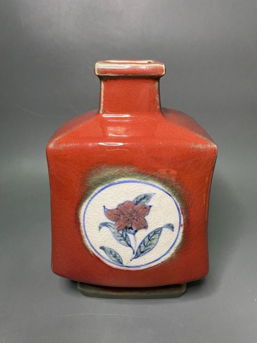 錦山燒名家中島武男花瓶】原裝帶盒古董級陶藝作品，辰砂釉草花紋壺型