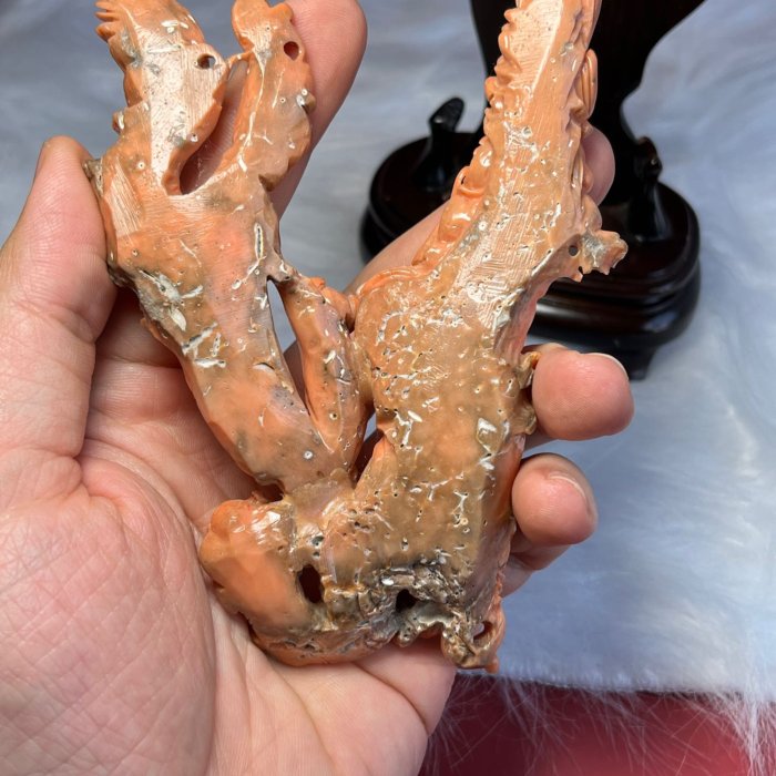 早期收藏天然MOMO紅珊瑚原礦樹枝大料雕刻如意招財飛龍在天擺件| Yahoo拍賣