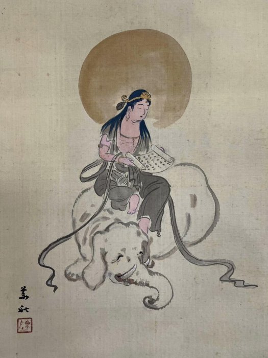 嚴選陳善秋手繪絹本普賢菩薩佛畫掛軸，手工綾裱骨軸珍藏品手繪絹本、普