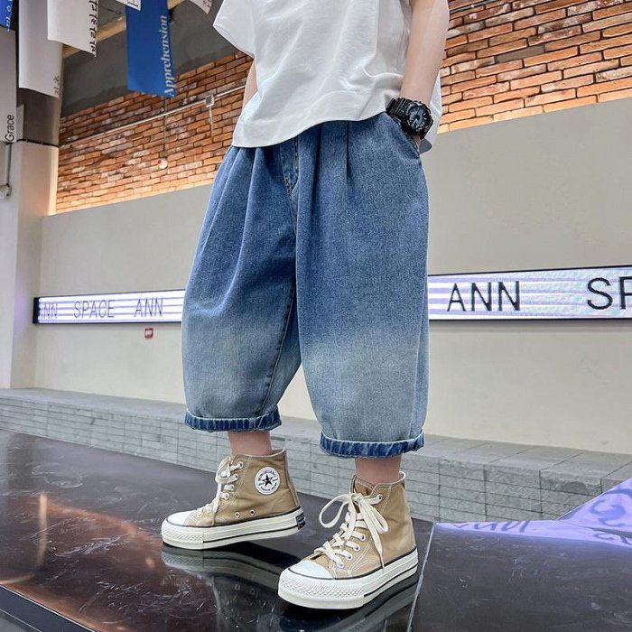 禾芽小築 潮牌漸變藍男童牛仔褲 2025年 寬松七分褲中大兒童薄款褲子