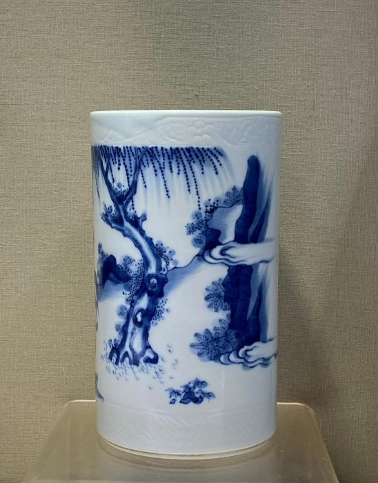 崇禎時期青花瓷筆筒高16.5公分完美品相細膩胎質琉璃釉面人物故事圖優雅