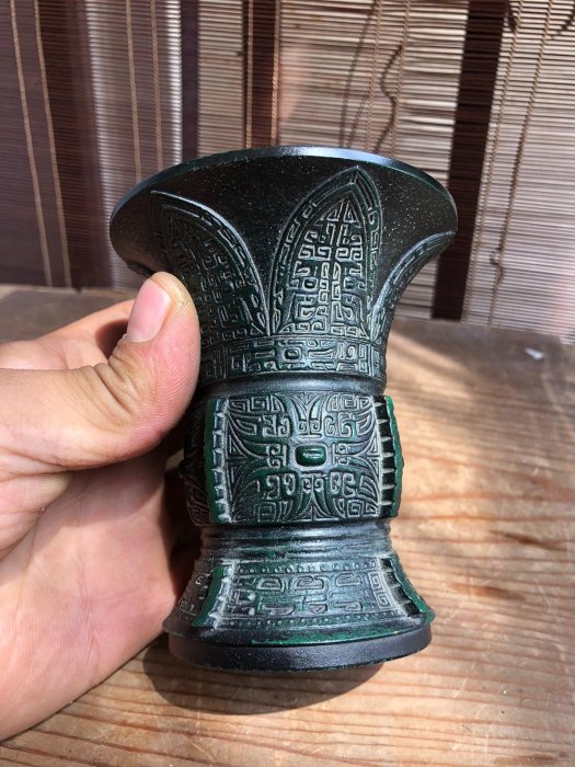 松華堂　古銅青銅　杵型　饕餮文花瓶　花器　共箱　N　6389 松華堂 古銅青銅 杵型 饕餮文花瓶 花器 共箱 N 6389