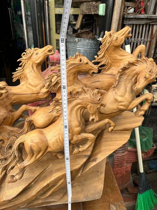 馬的木雕、木雕馬、特大95公分馬群、特大木雕馬群、9頭的馬、一刀雕馬