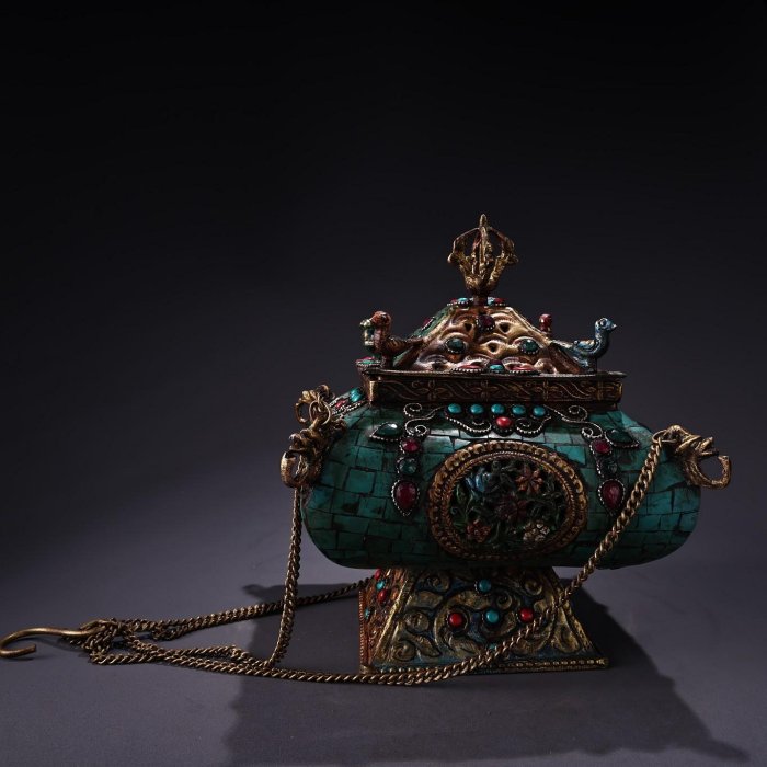珍品舊藏西藏收純銅藏傳工藝鑲嵌寶石彩繪描金吊熏香爐品相保存完好工藝