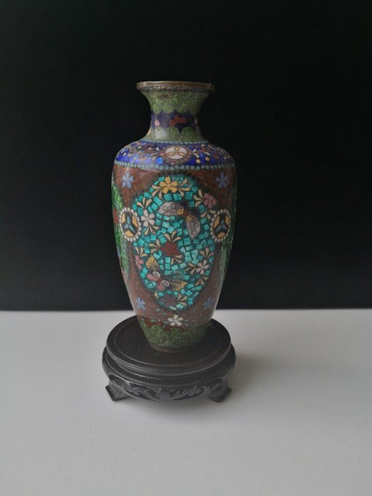 日式古董景泰藍擺件昭和時期七寶燒花瓶掐絲琺瑯藝術品紅綠雙色海外珍藏