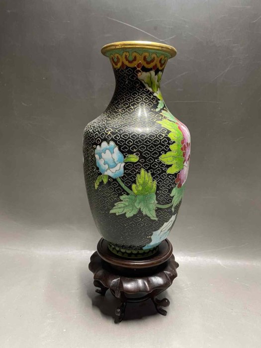 中国，景泰藍　琺瑯，掐丝珐琅，七宝焼，花瓶　黒地に花柄 38cm 景泰藍花瓶掐絲琺瑯銅胎黑地花卉紋| Yahoo拍賣