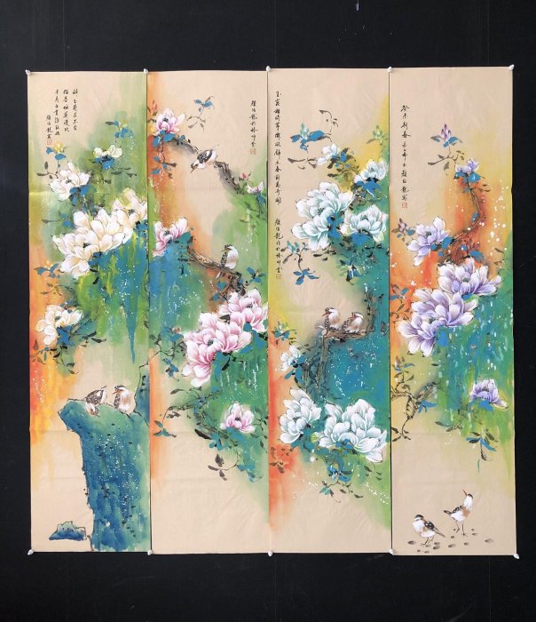 81【顏伯龍】花鳥，四條屏純手繪作品尺寸約136x34厘米未裝裱，帶水印