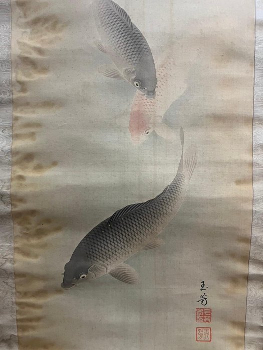 藏舊尋寶屋】昭和時期畫家玉芳作落款「鯉魚圖」彩畫/畫軸/掛軸附