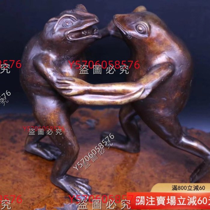 昭和時代庭院銅像置物《相撲蛙，打架的青蛙銅像》 日本銅像置物，日本
